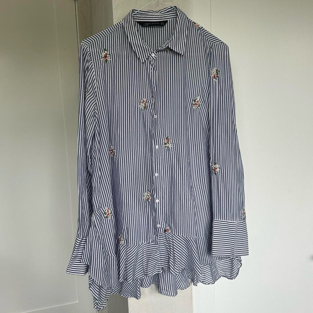Zara Blue and White Striped Shirt with flowers